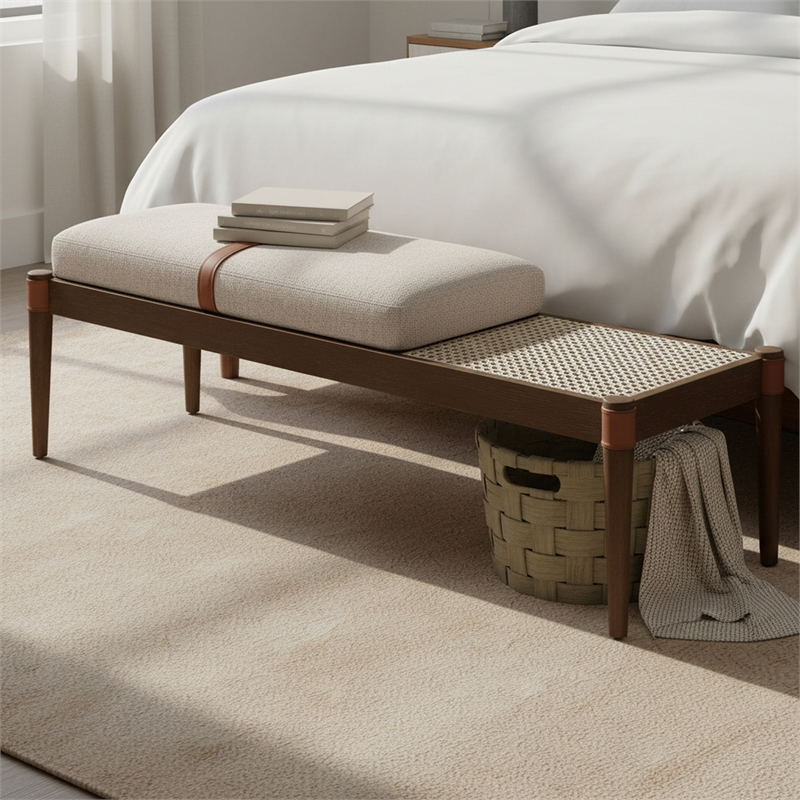 Meridian Furniture Nara Beige Linen Textured Fabric Upholstered Bench