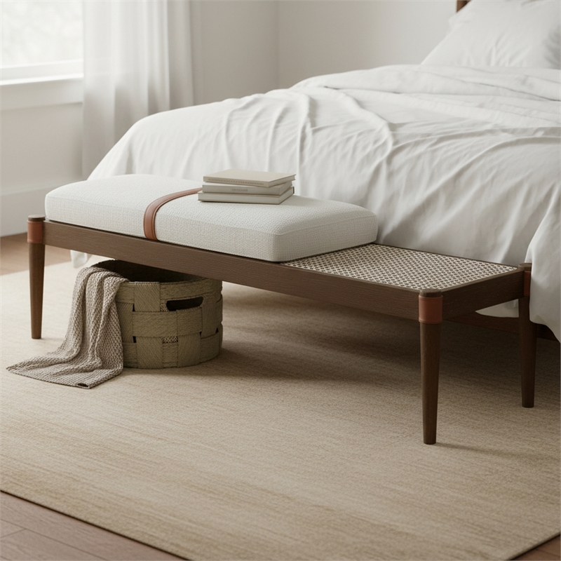 Meridian Furniture Nara Cream Linen Textured Fabric Upholstered Bench