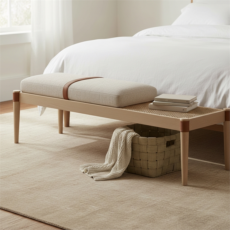 Meridian Furniture Nara Beige Linen Textured Fabric Upholstered Bench