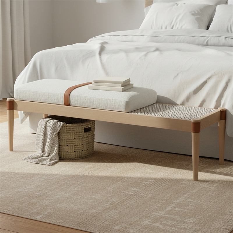 Meridian Furniture Nara Cream Linen Textured Fabric Upholstered Bench