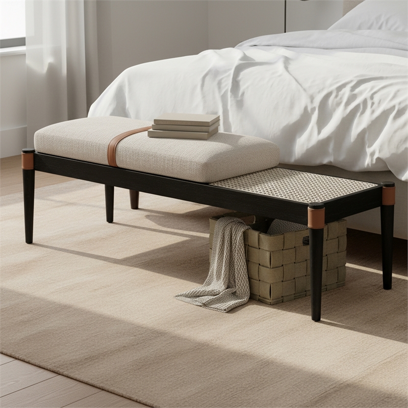 Meridian Furniture Nara Beige Linen Textured Fabric Upholstered Bench