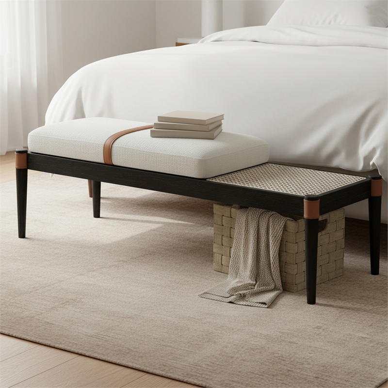 Meridian Furniture Nara Cream Linen Textured Fabric Upholstered Bench
