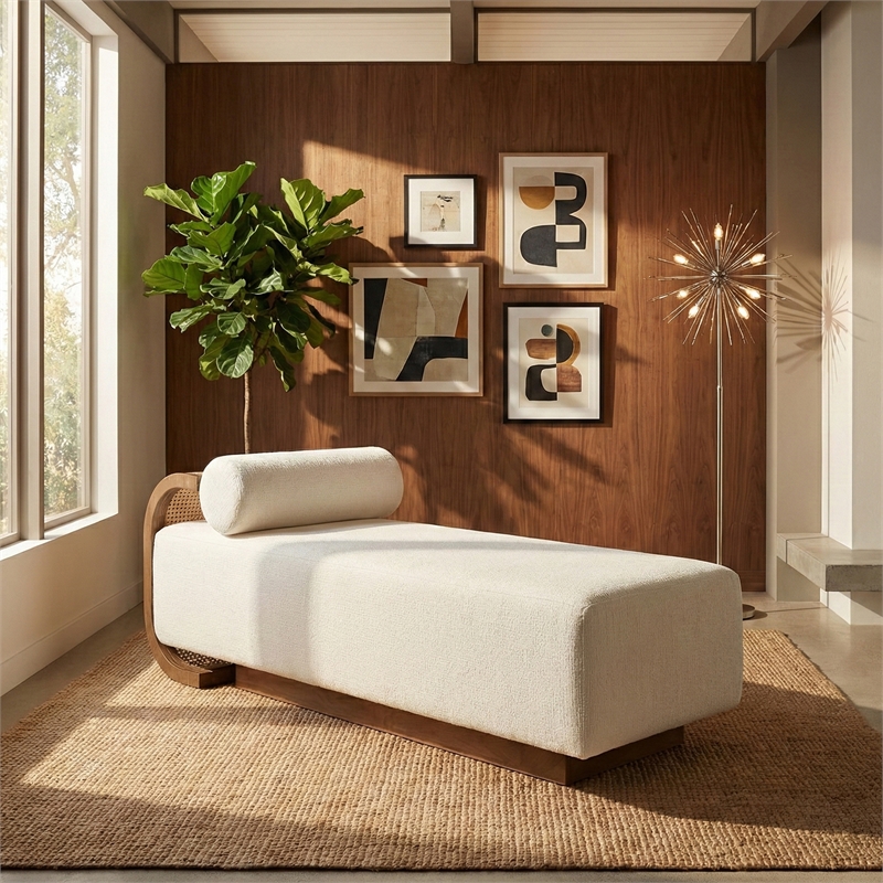 Meridian Furniture Zephyr Cream Linen Textured Fabric Upholstered Chaise
