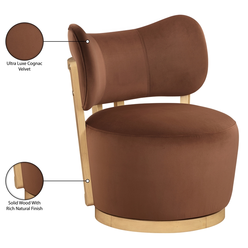Meridian Furniture Elara Cognac Velvet Upholstered Swivel Accent Chair