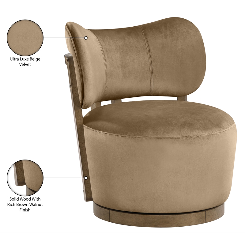 Meridian Furniture Elara Beige Velvet Upholstered Swivel Accent Chair