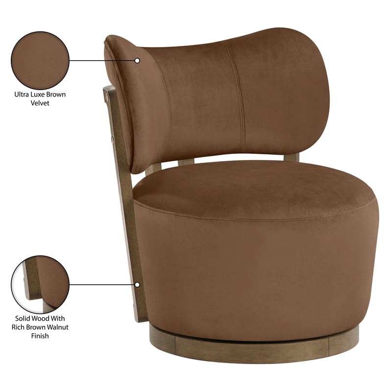 Meridian Furniture Elara Brown Velvet Upholstered Swivel Accent Chair