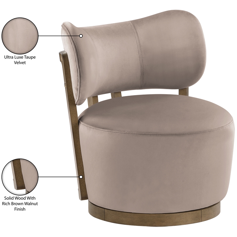 Meridian Furniture Elara Taupe Velvet Upholstered Swivel Accent Chair