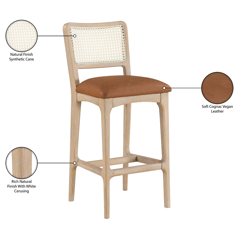 Meridian Furniture Atrium Cognac Cane And Vegan Leather Bar Stool (Set of 2)