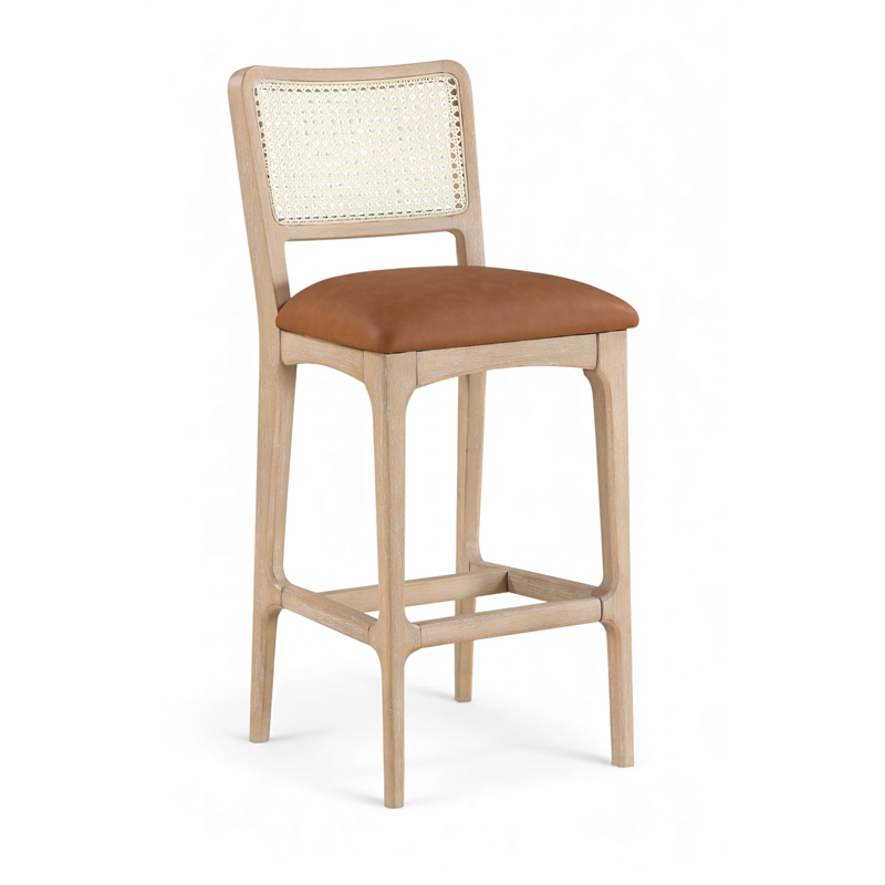 Meridian Furniture Atrium Cognac Cane And Vegan Leather Bar Stool (Set of 2)