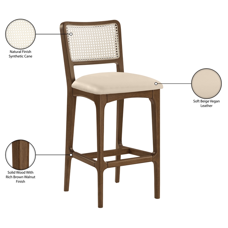 Meridian Furniture Atrium Beige Cane And Vegan Leather Bar Stool (Set of 2)