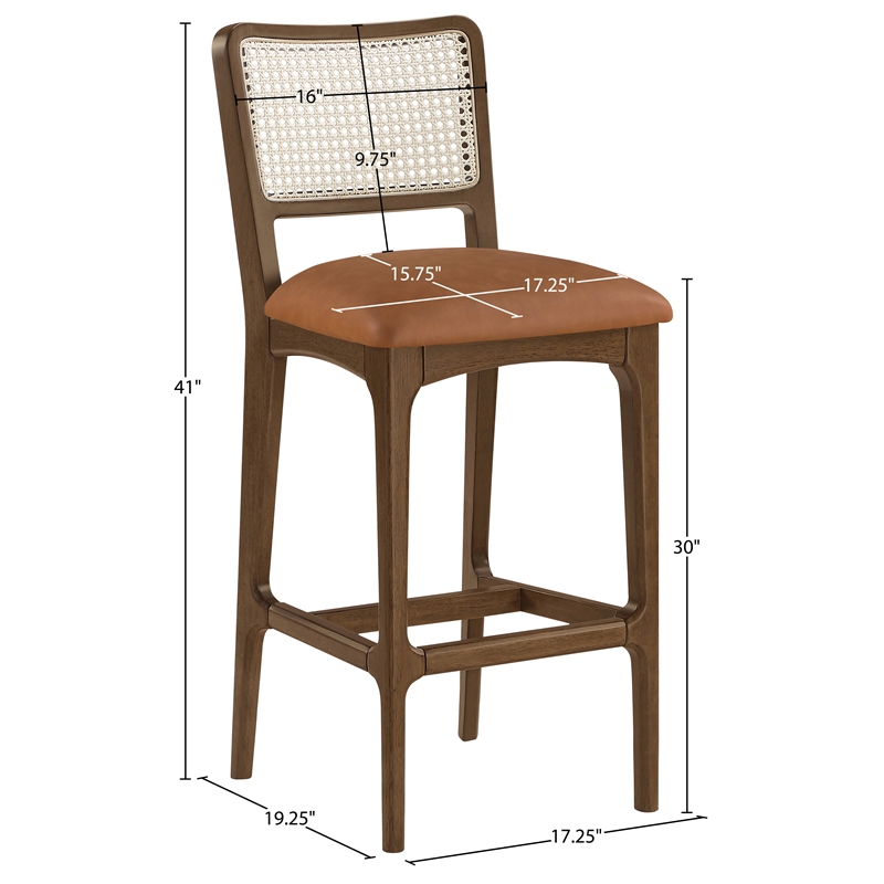 Meridian Furniture Atrium Cognac Cane And Vegan Leather Bar Stool (Set of 2)