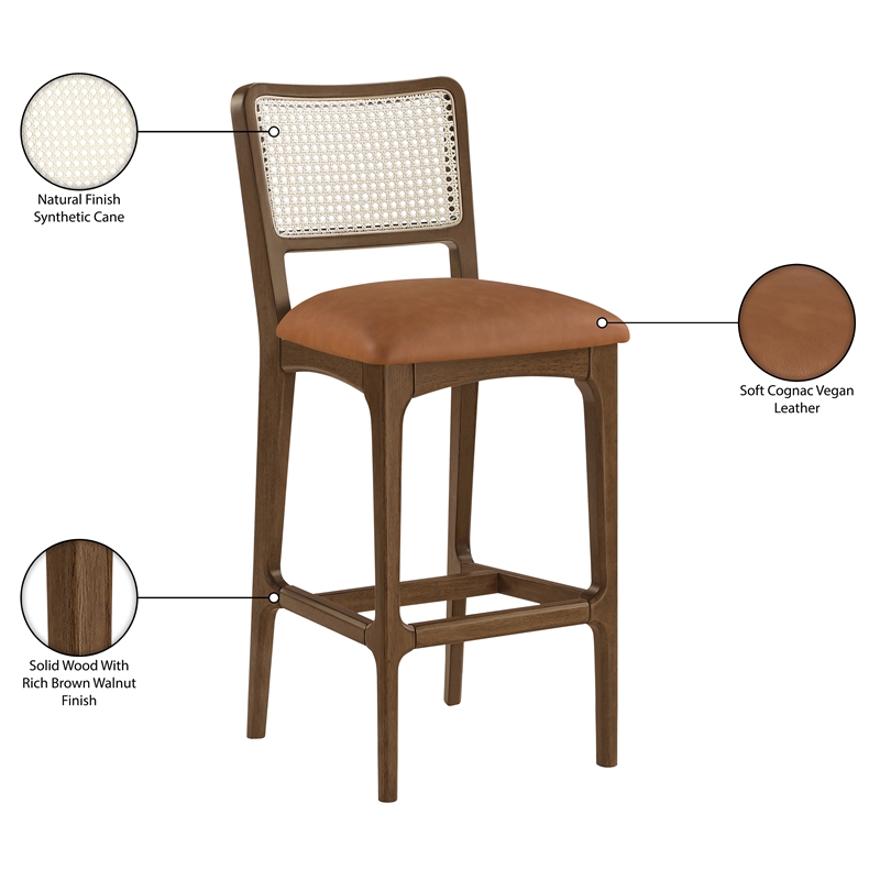 Meridian Furniture Atrium Cognac Cane And Vegan Leather Bar Stool (Set of 2)