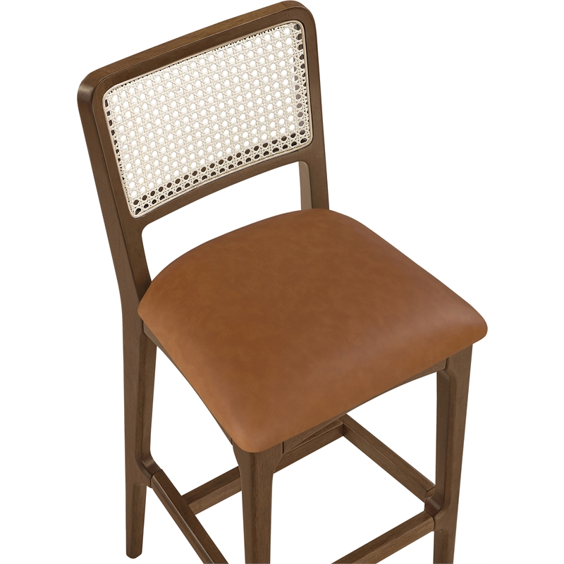 Meridian Furniture Atrium Cognac Cane And Vegan Leather Bar Stool (Set of 2)