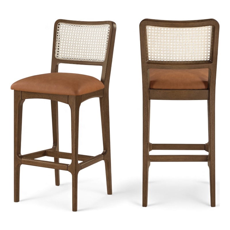 Meridian Furniture Atrium Cognac Cane And Vegan Leather Bar Stool (Set of 2)