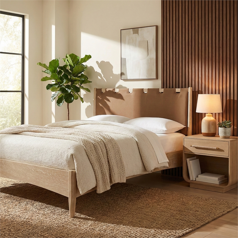 Meridian Furniture Santos Brown Vegan Leather Headboard And Wood Queen Bed