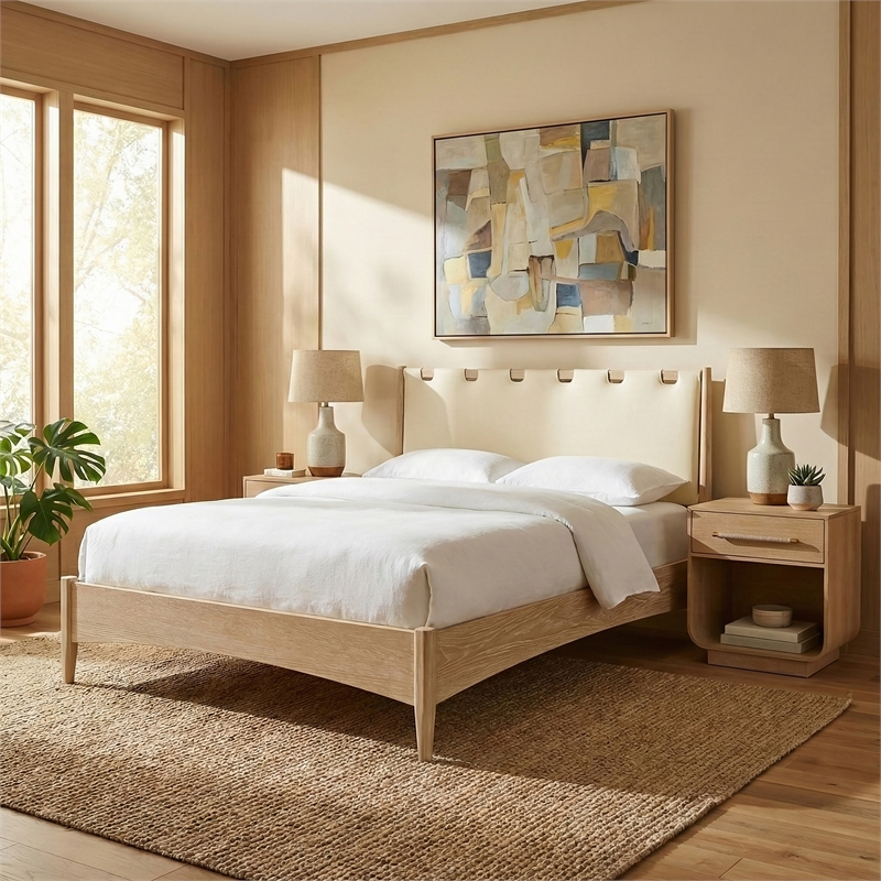 Meridian Furniture Santos Cream Vegan Leather Headboard And Wood Queen Bed