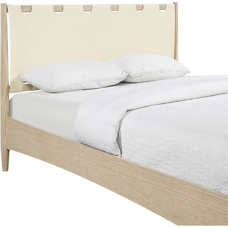 Meridian Furniture Santos Cream Vegan Leather Headboard And Wood Queen Bed