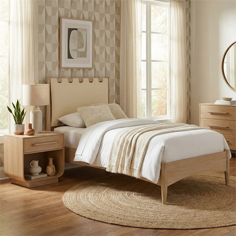 Meridian Furniture Santos Cream Vegan Leather Headboard And Wood Twin Bed