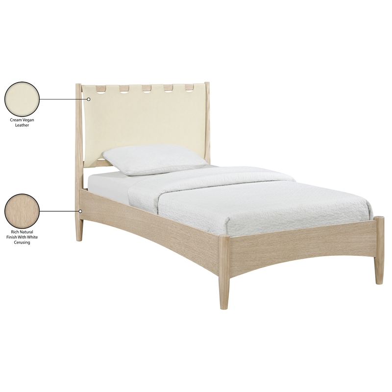 Meridian Furniture Santos Cream Vegan Leather Headboard And Wood Twin Bed