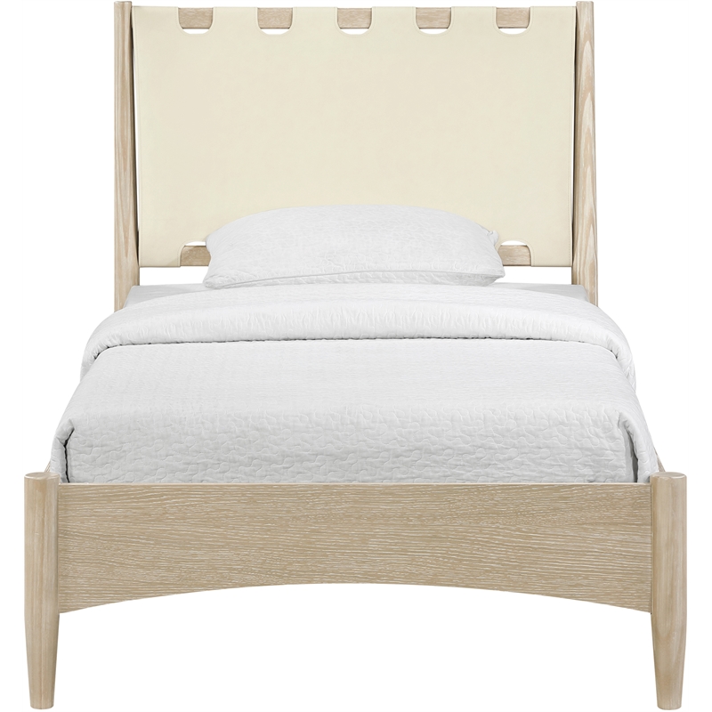 Meridian Furniture Santos Cream Vegan Leather Headboard And Wood Twin Bed
