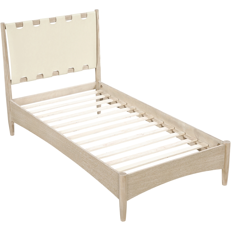 Meridian Furniture Santos Cream Vegan Leather Headboard And Wood Twin Bed