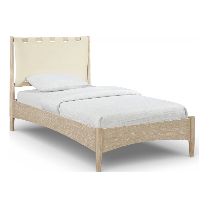 Meridian Furniture Santos Cream Vegan Leather Headboard And Wood Twin Bed
