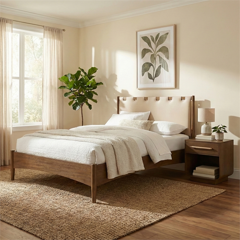 Meridian Furniture Santos Beige Vegan Leather Headboard And Wood Full Bed