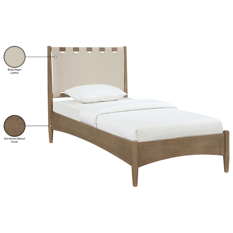 Meridian Furniture Santos Beige Vegan Leather Headboard And Wood Twin Bed