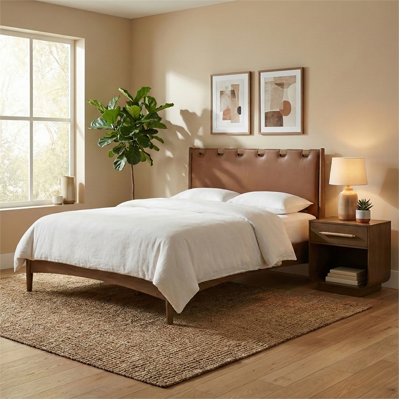 Meridian Furniture Santos Brown Vegan Leather Headboard And Wood Full Bed