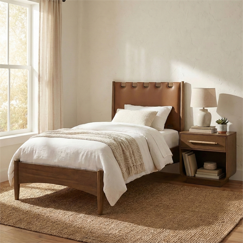 Meridian Furniture Santos Brown Vegan Leather Headboard And Wood Twin Bed