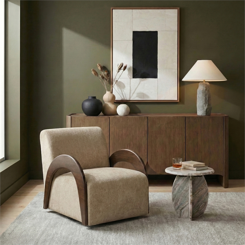 Meridian Furniture Neria Beige Chenille Fabric Upholstered Swivel Accent Chair