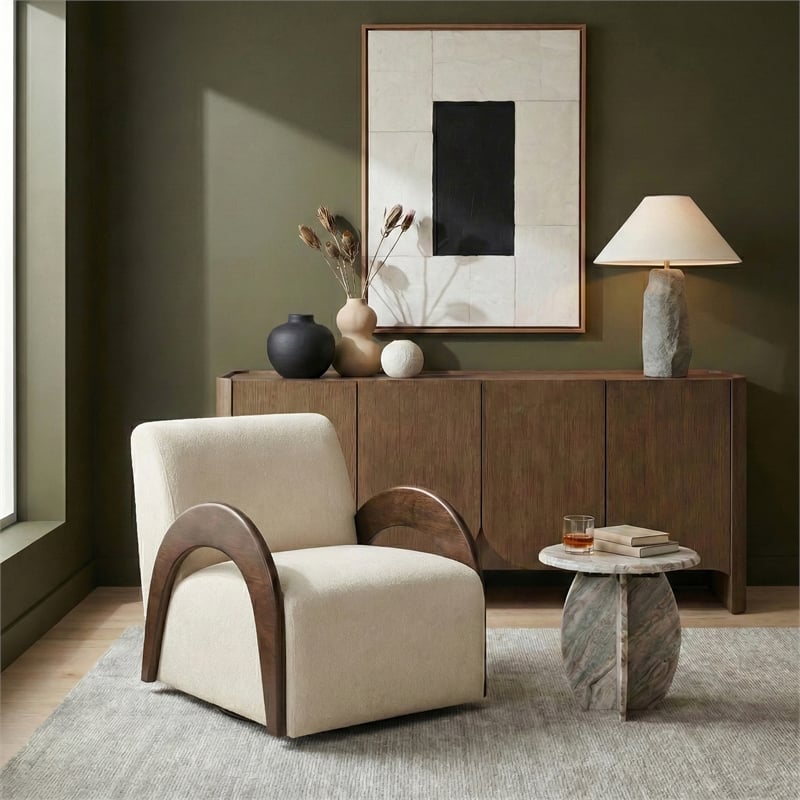 Meridian Furniture Neria Cream Chenille Fabric Upholstered Swivel Accent Chair