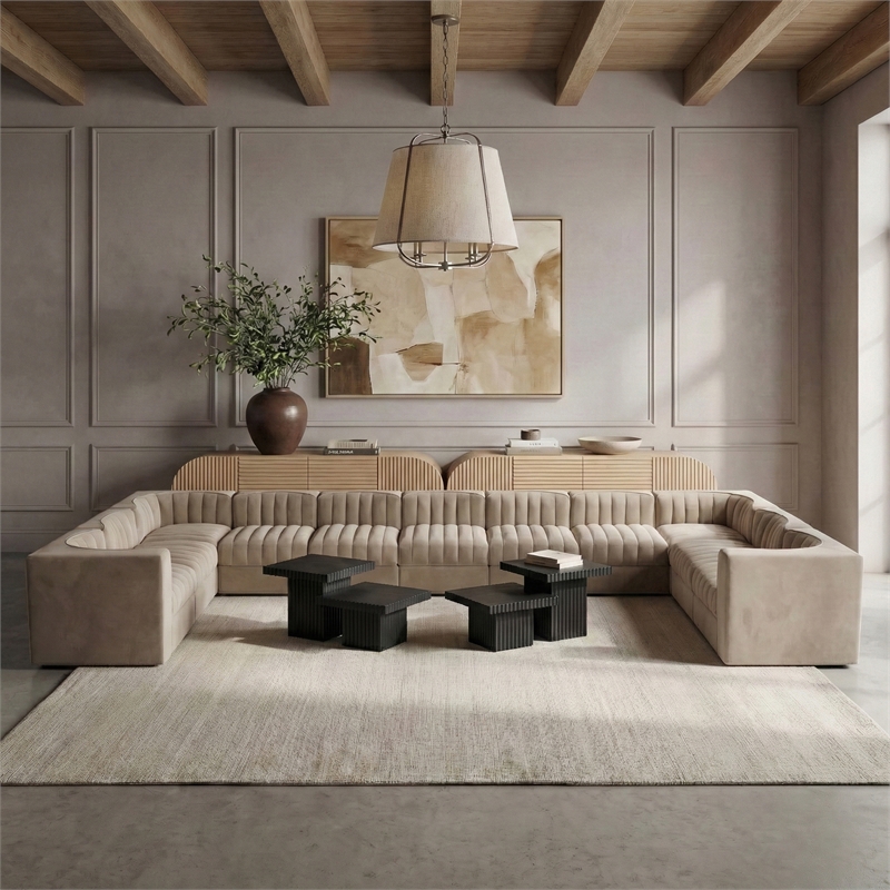 Meridian Furniture Rummi Beige Velvet Performance Fabric 11pc. Modular Sectional