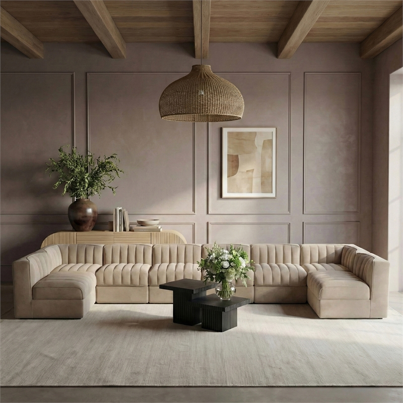 Meridian Furniture Rummi Beige Velvet Performance Fabric 8pc. Modular Sectional