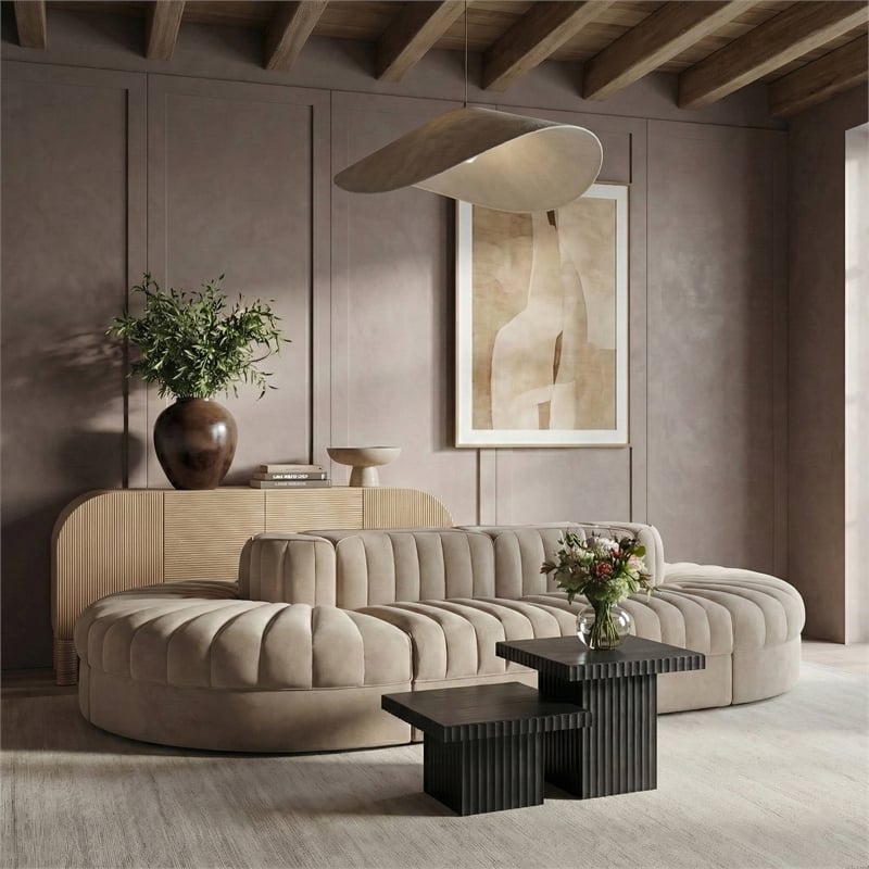 Meridian Furniture Rummi Beige Velvet Performance Fabric 8pc. Modular Sectional
