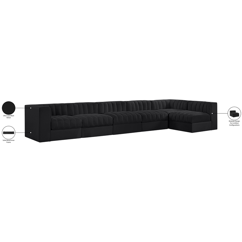 Meridian Furniture Rummi Black Velvet Performance Fabric 6pc. Modular Sectional