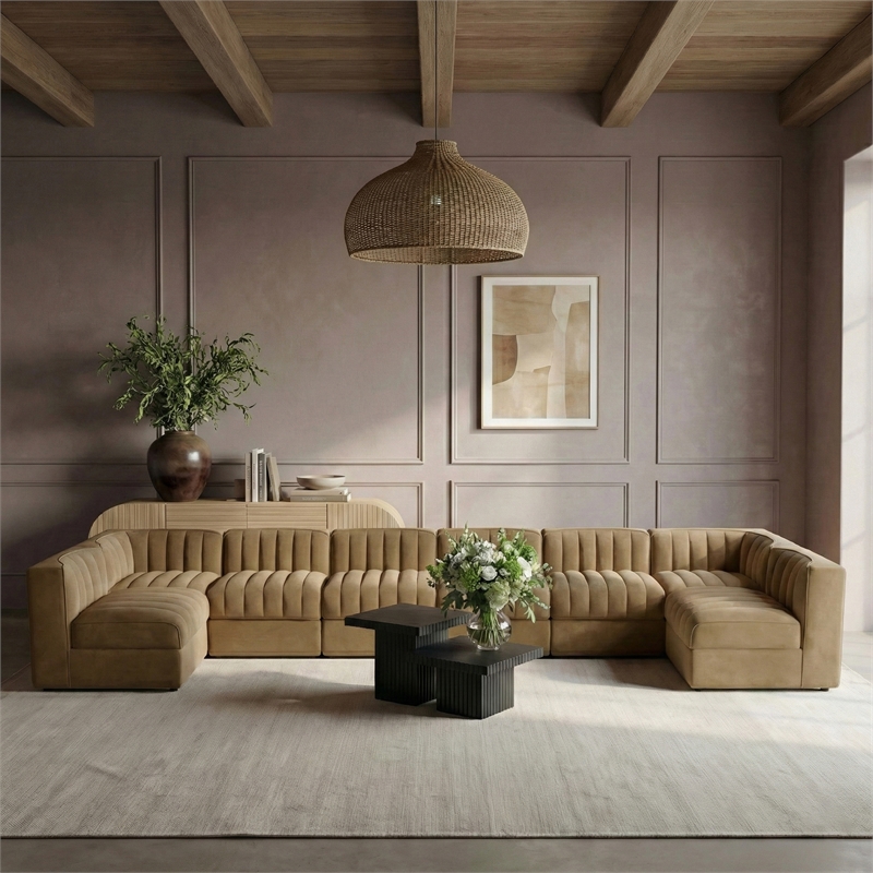 Meridian Furniture Rummi Saddle Velvet Performance Fabric 8pc. Modular Sectional