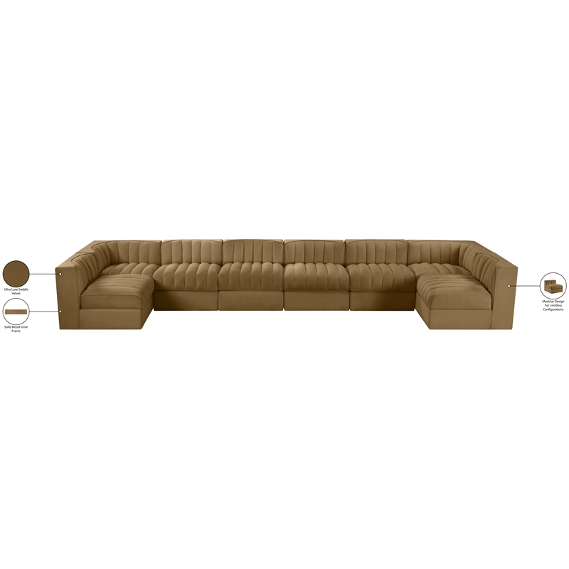 Meridian Furniture Rummi Saddle Velvet Performance Fabric 8pc. Modular Sectional