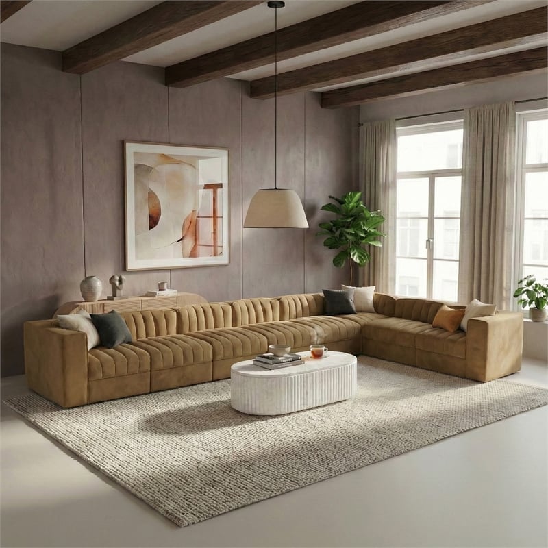 Meridian Furniture Rummi Saddle Velvet Performance Fabric 8pc. Modular Sectional
