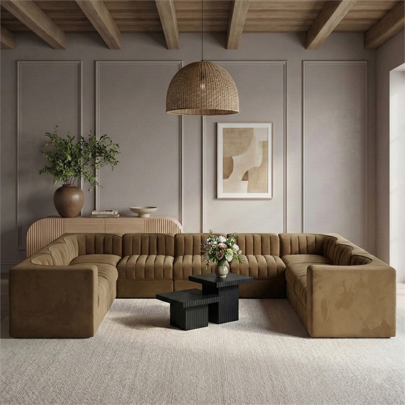 Meridian Furniture Rummi Saddle Velvet Performance Fabric 9pc. Modular Sectional