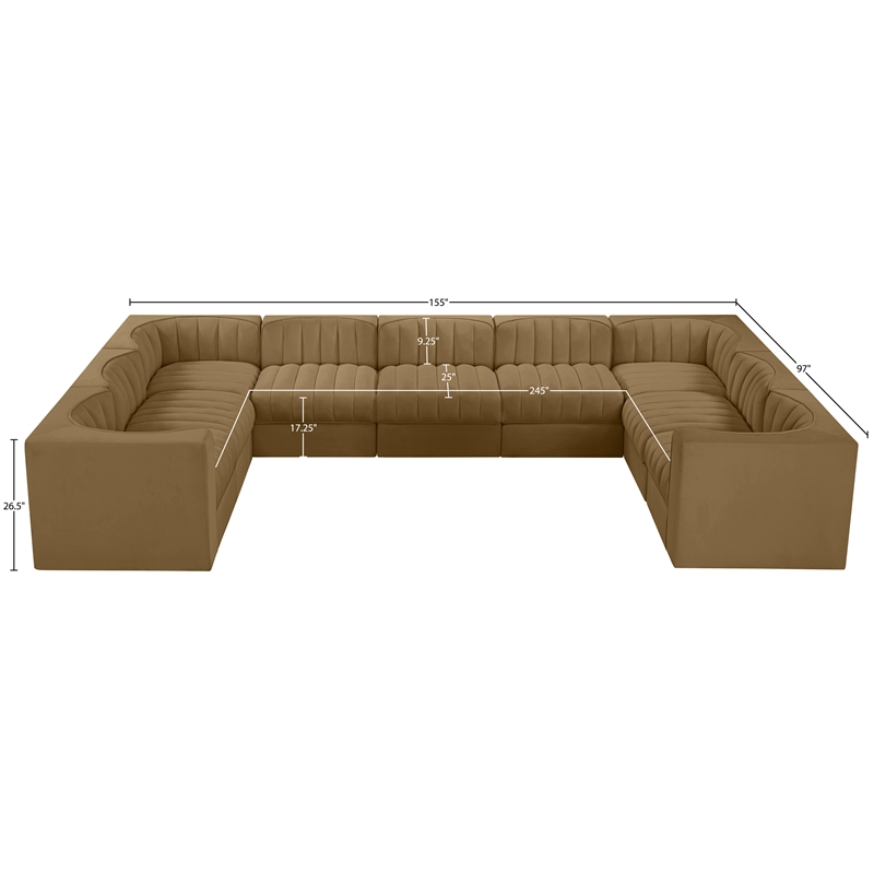 Meridian Furniture Rummi Saddle Velvet Performance Fabric 9pc. Modular Sectional
