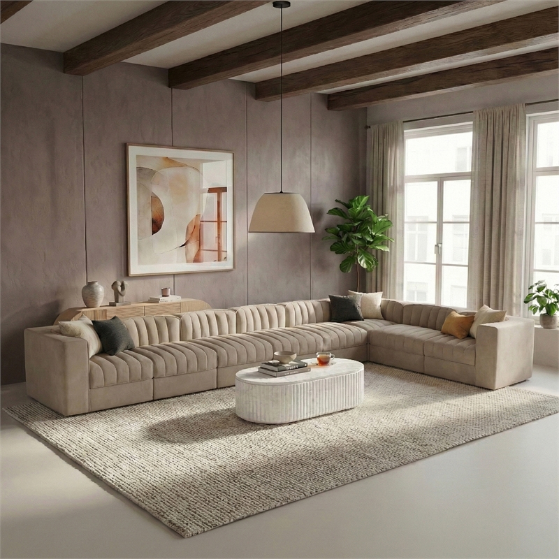 Meridian Furniture Rummi Beige Velvet Performance Fabric 8pc. Modular Sectional