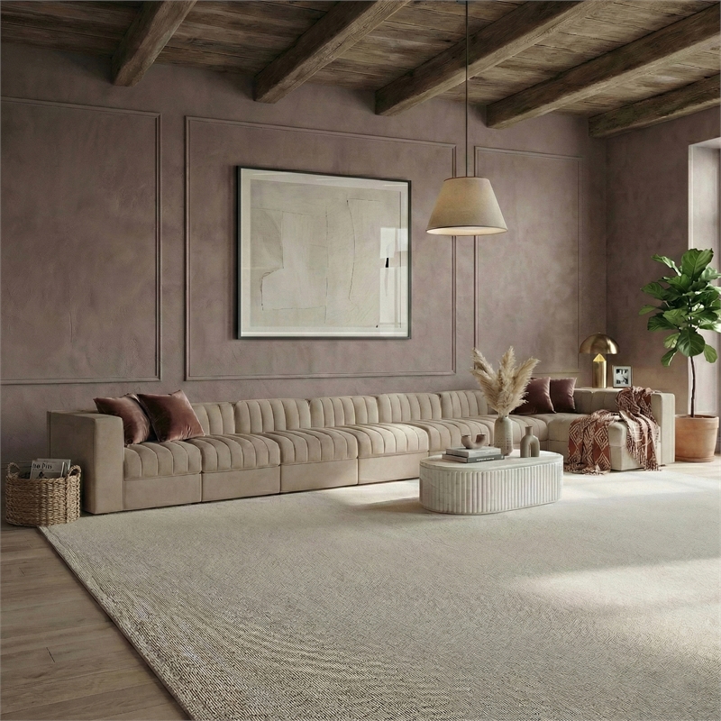 Meridian Furniture Rummi Beige Velvet Performance Fabric 8pc. Modular Sectional