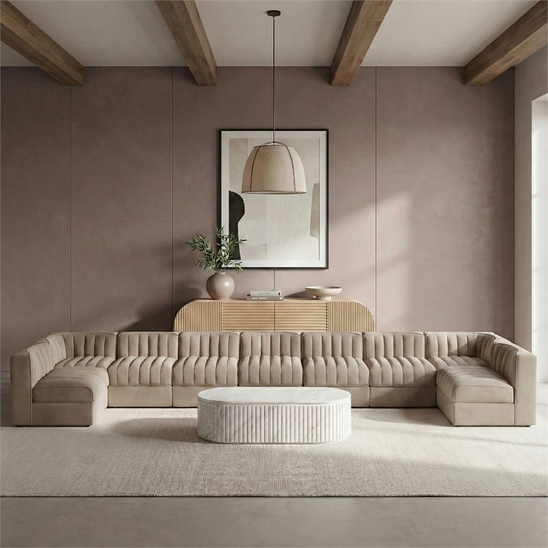 Meridian Furniture Rummi Beige Velvet Performance Fabric 9pc. Modular Sectional