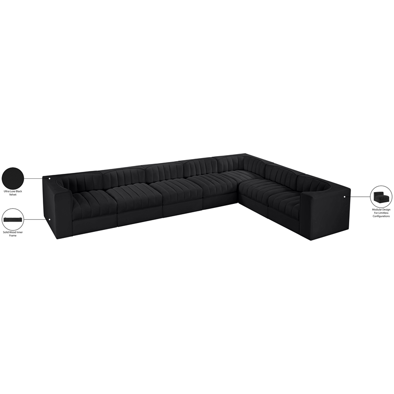 Meridian Furniture Rummi Black Velvet Performance Fabric 7pc. Modular Sectional