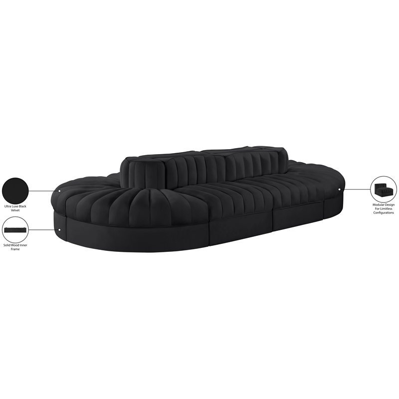 Meridian Furniture Rummi Black Velvet Performance Fabric 8pc. Modular Sectional
