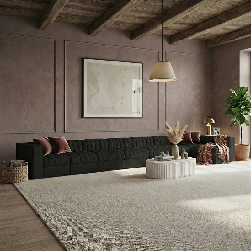 Meridian Furniture Rummi Black Velvet Performance Fabric 8pc. Modular Sectional
