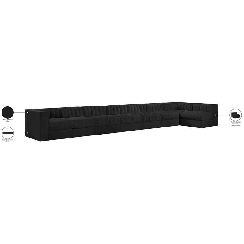 Meridian Furniture Rummi Black Velvet Performance Fabric 8pc. Modular Sectional