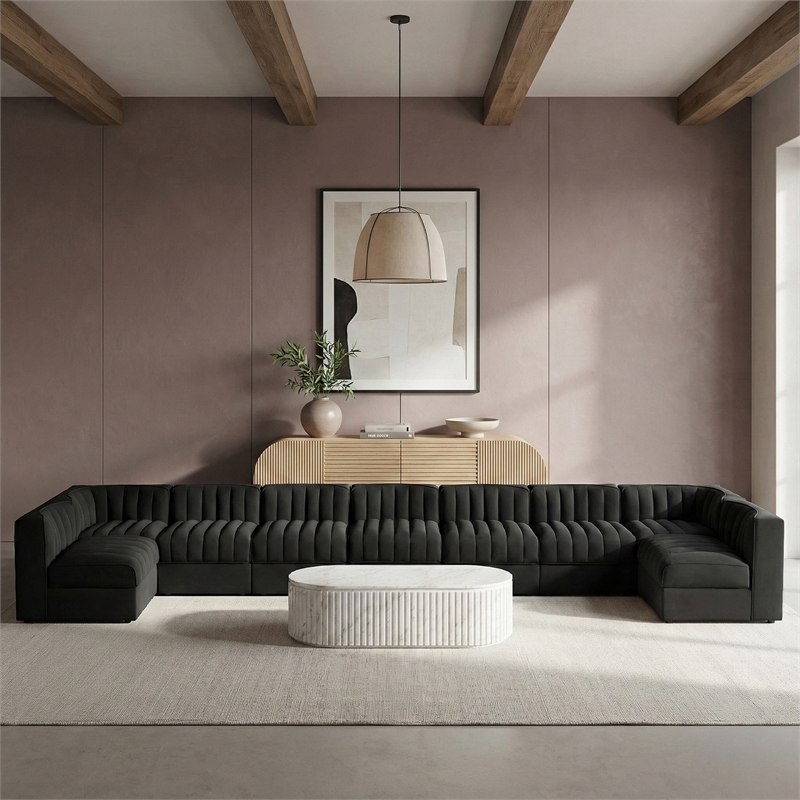Meridian Furniture Rummi Black Velvet Performance Fabric 9pc. Modular Sectional
