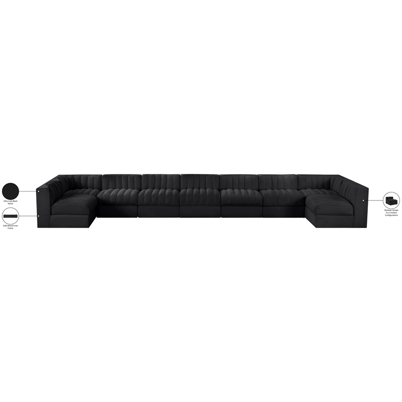 Meridian Furniture Rummi Black Velvet Performance Fabric 9pc. Modular Sectional